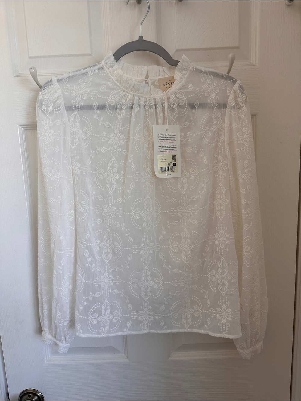 Sezane Valentine White Embroidered Long-Sleeve Blouse - Picture 5 of 7